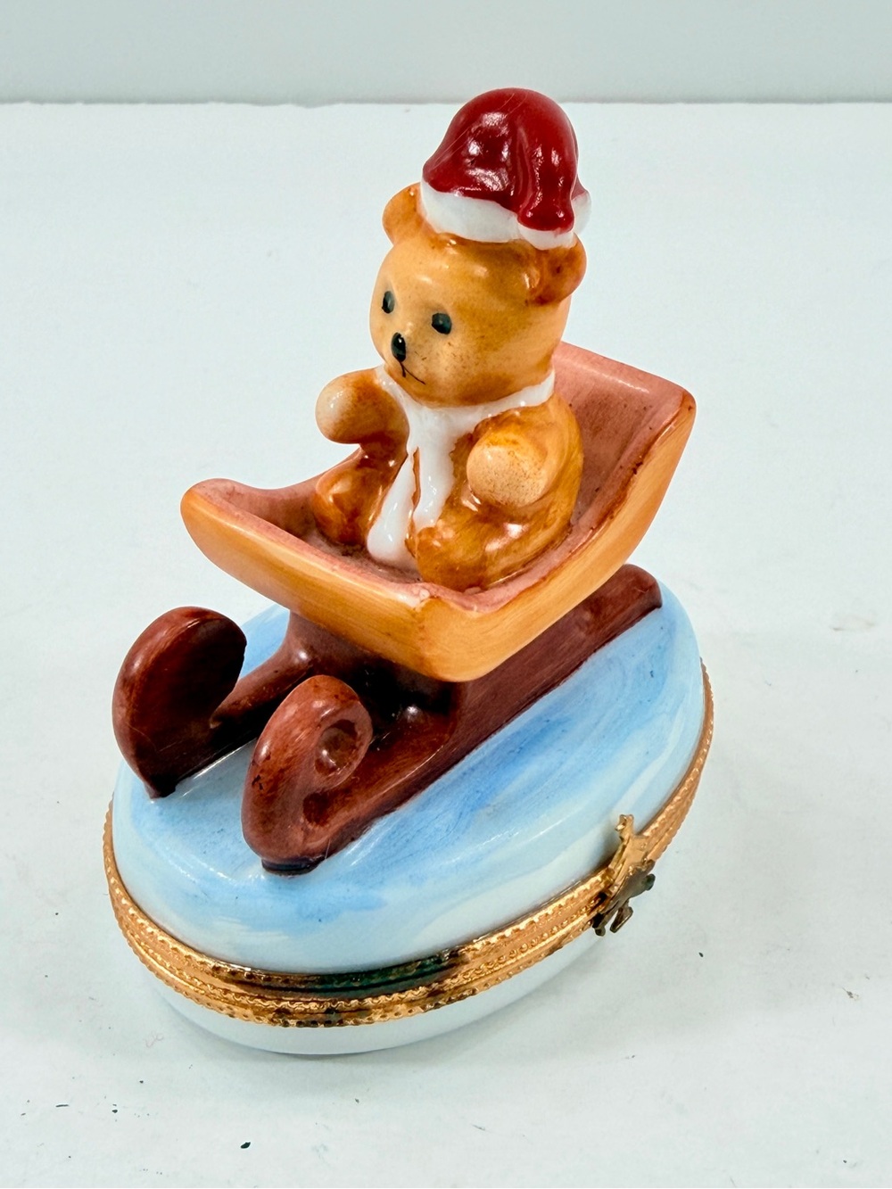 Vintage Limoges France Trinket Box Christmas Santa Teddy Bear Sleigh Ride Rare